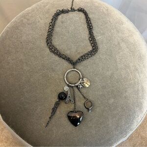 BEBE heart Eiffel Tower diamond ring beaded rhinestone dangling charm necklace